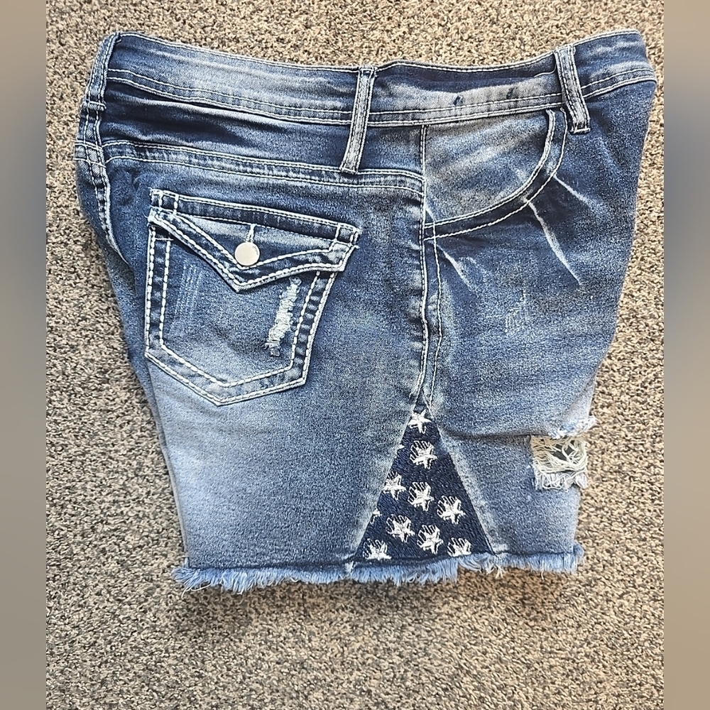 Distressed denim shorts Stars & Stripes Dark Wash High Rise Womens 29 - Picture 5 of 12